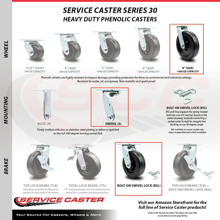 Service Caster 8 Inch Phenolic Swivel Caster with Roller Bearing and Swivel Lock SCC-30CS820-PHR-BSL